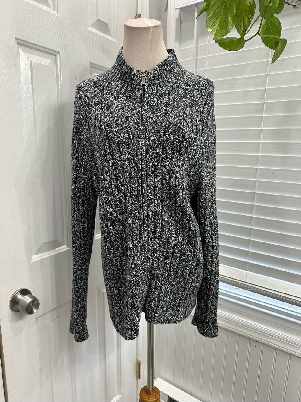 L.L. Bean Gray Marled Full-Zip Cable Knit Sweater